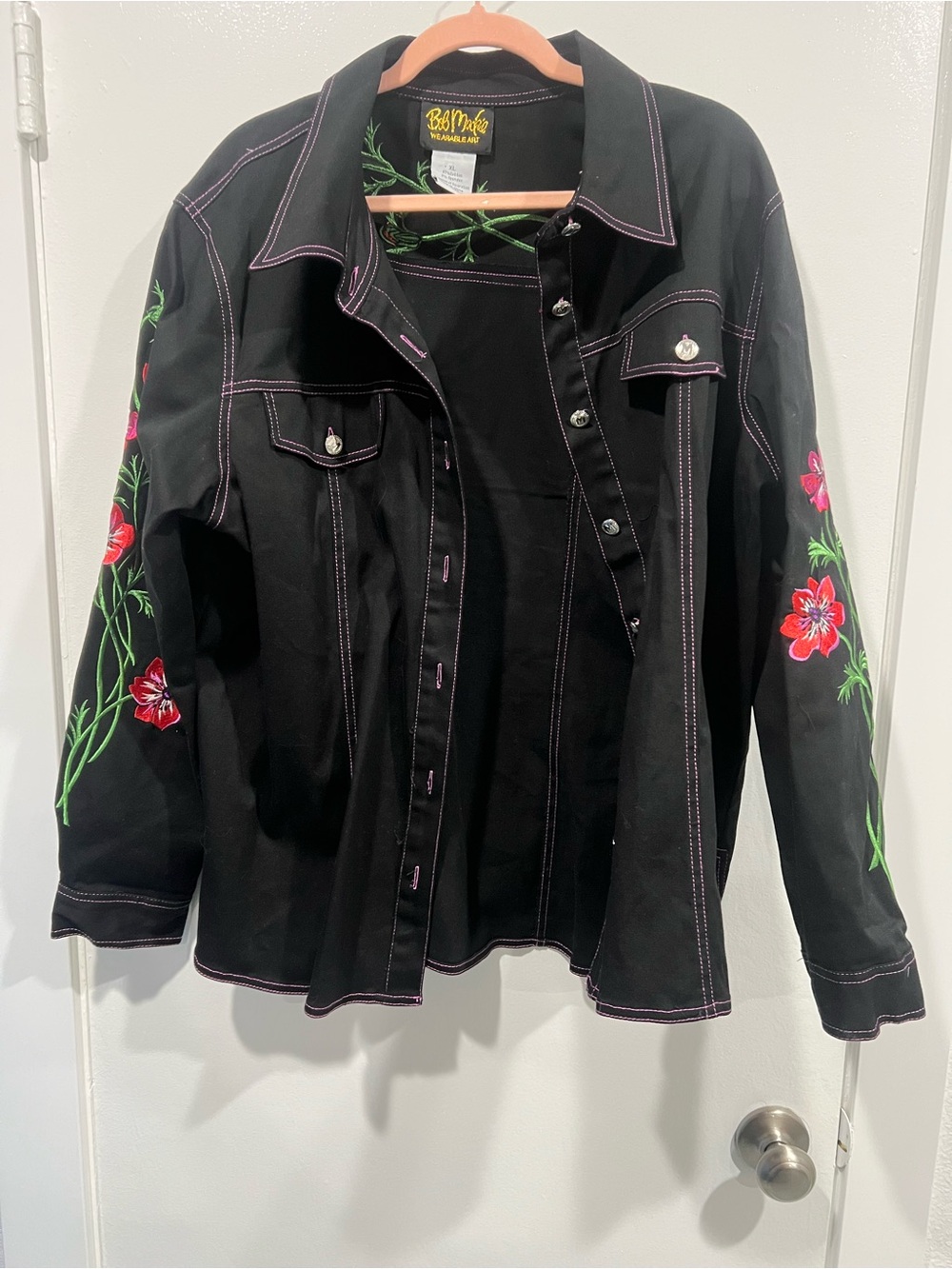 Bob Mackie Wearable Art Black Jacket with Red/ Pink Floral Embroidery
